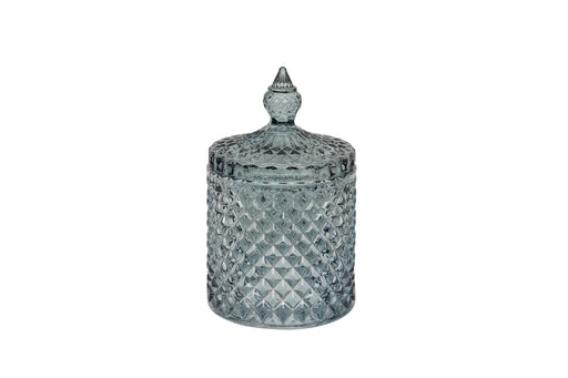 Diamond Cut Glass Lidded Jar smoked blue grey glass lidded jar with all-over diamond-cut pattern and domed lid with decorative finial on white background