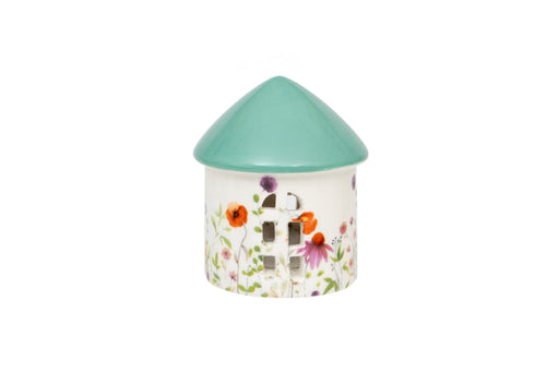 Meadow Flowers Ceramic LED House with blue-green conical roof and meadow flowers print on the front with cut-out windows on white background