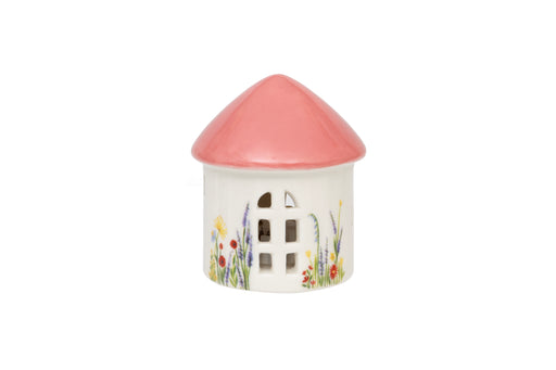Wildflower Meadow Ceramic LED House with pink conical roof and wildflower print on the front with cut-out windows on white background