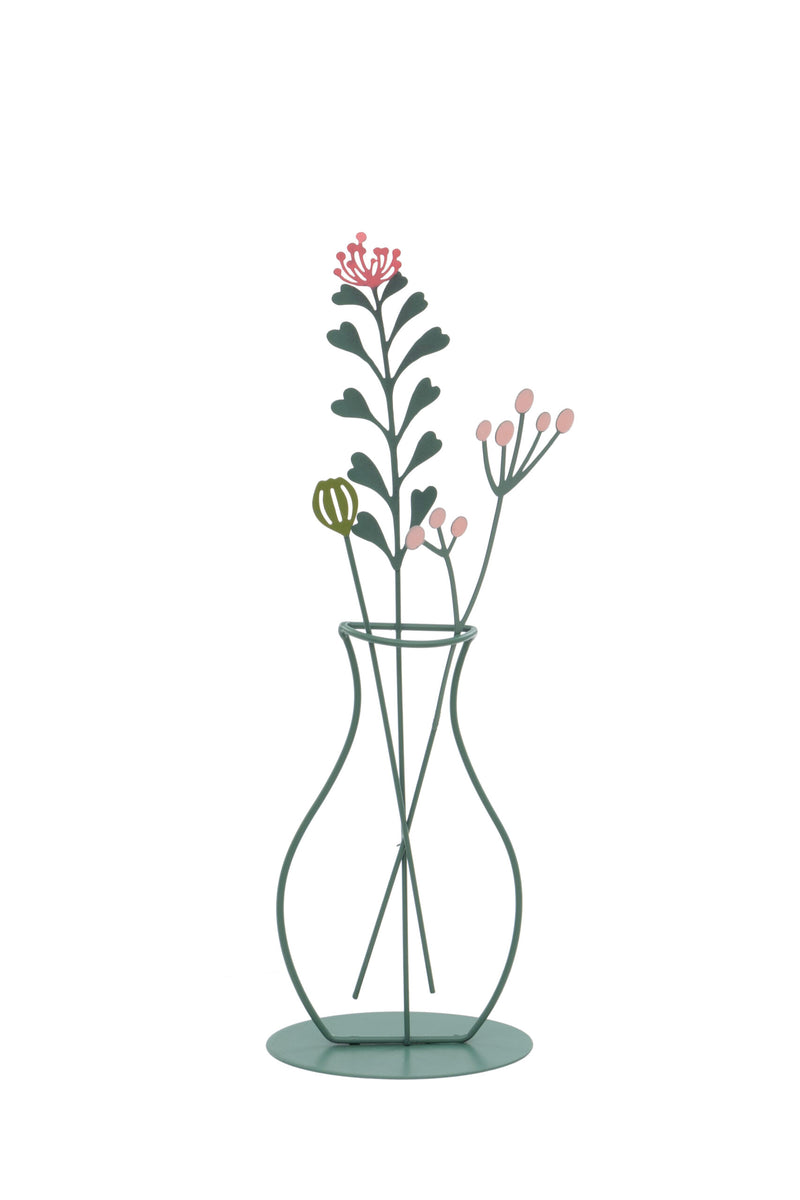 Metal Wildflower Decoration with flat botanical stems including leafy sprig, small buds and seed head in a metal vase silhouette on a round base