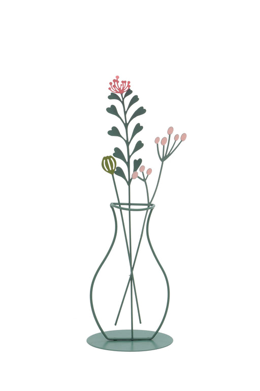 Metal Wildflower Decoration with flat botanical stems including leafy sprig, small buds and seed head in a metal vase silhouette on a round base