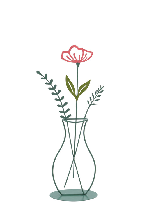 Metal Vase Flower Decoration with flat-cut open petal flower and botanical stems in a metal vase silhouette on a round base