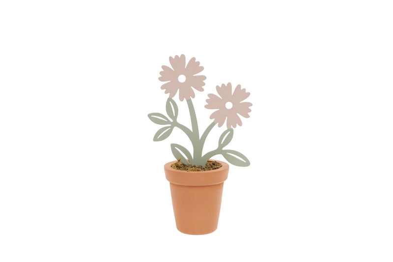 Pink Daisy Flower Pot Decoration with two pink flat silhouette daisy blooms on sage green stems in a terracotta-style pot