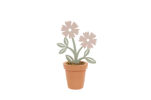 Pink Daisy Flower Pot Decoration with two pink flat silhouette daisy blooms on sage green stems in a terracotta-style pot