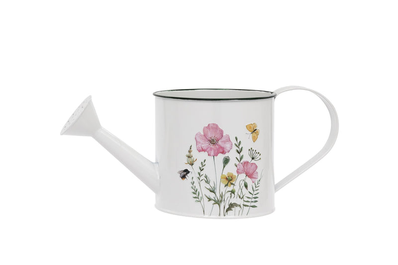 Meadow Watering Can white metal watering can with wildflower meadow print featuring open blooms delicate foliage a bumblebee and a butterfly with dark rim and curved handle on white background