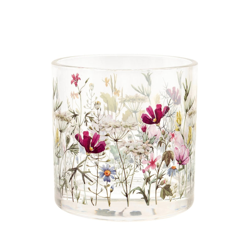 Blossom Glass Tealight Holder, clear cylindrical glass with watercolour wildflower meadow design of delicate blooms and grasses printed all around, on white background