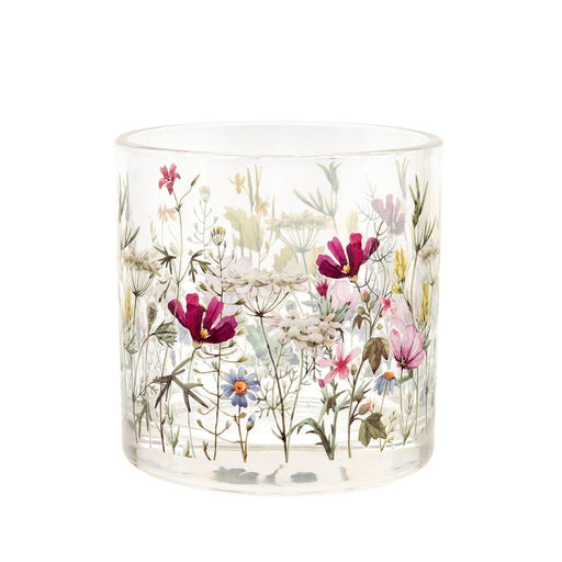 Blossom Glass Tealight Holder, clear cylindrical glass with watercolour wildflower meadow design of delicate blooms and grasses printed all around, on white background