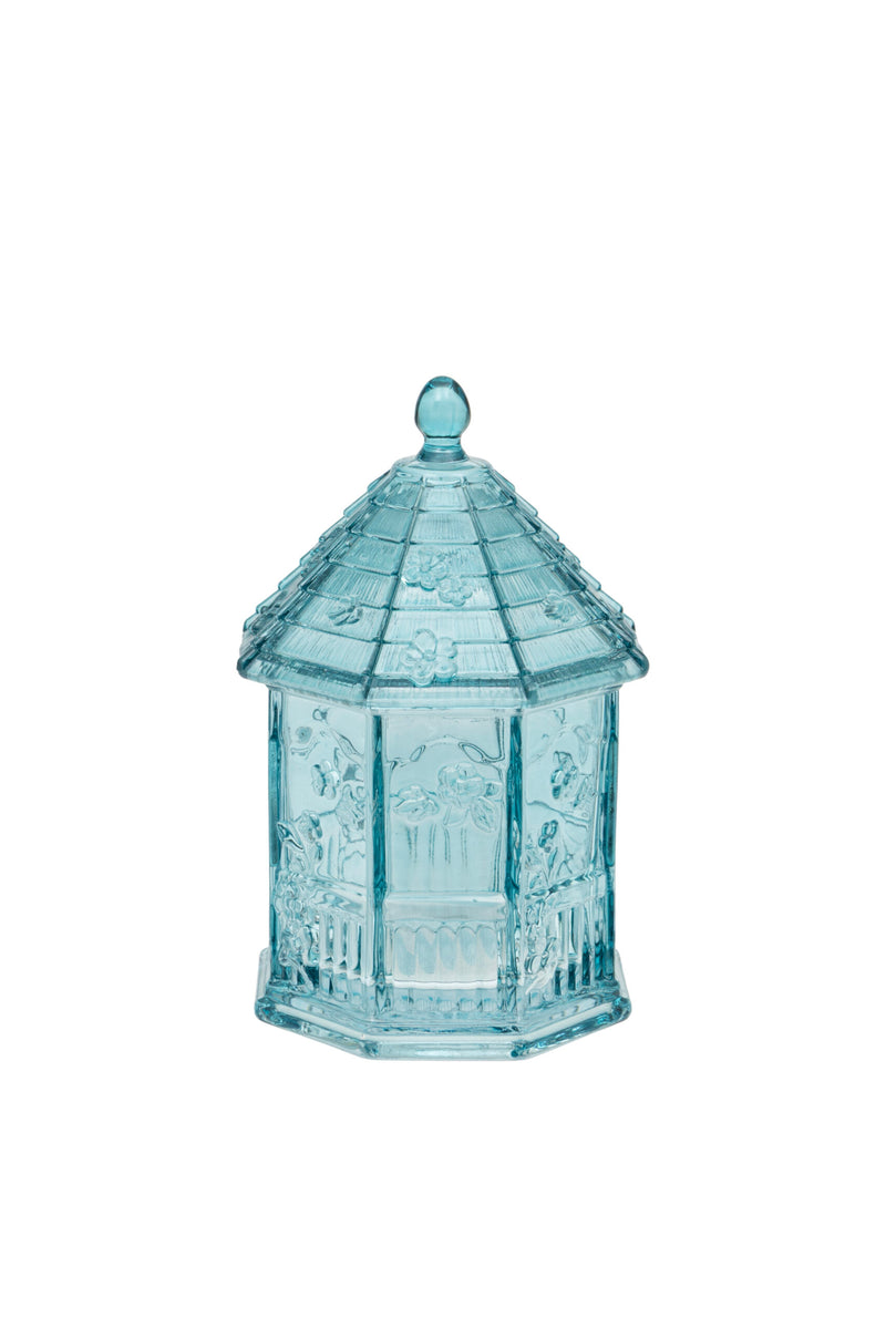 Blue Glass Gazebo Jar with Lid blue glass jar shaped as a gazebo with hexagonal embossed botanical panels tiled conical lid and ball finial on white background