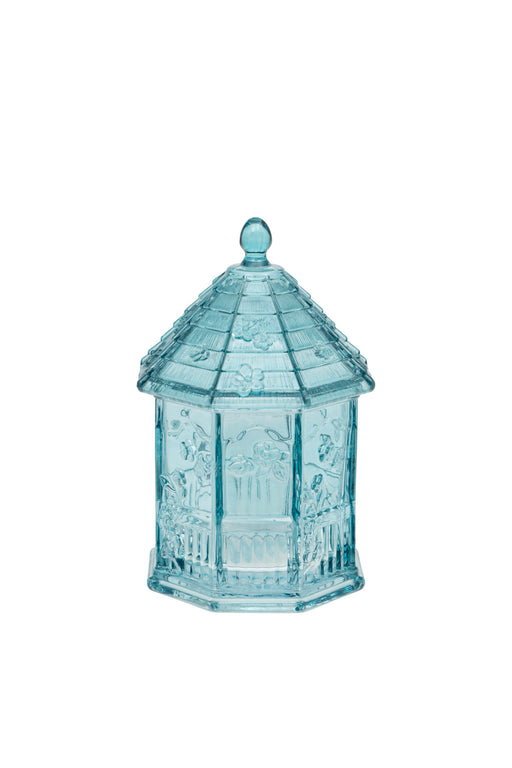Blue Glass Gazebo Jar with Lid blue glass jar shaped as a gazebo with hexagonal embossed botanical panels tiled conical lid and ball finial on white background