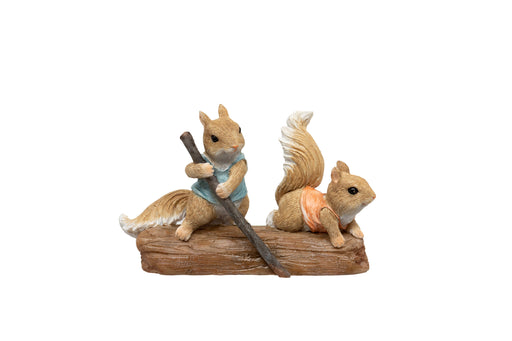 Sculling Squirrels Figurine polyresin figurine of two dressed squirrels on a log one standing holding a stick and one resting with front paws on the log on white background