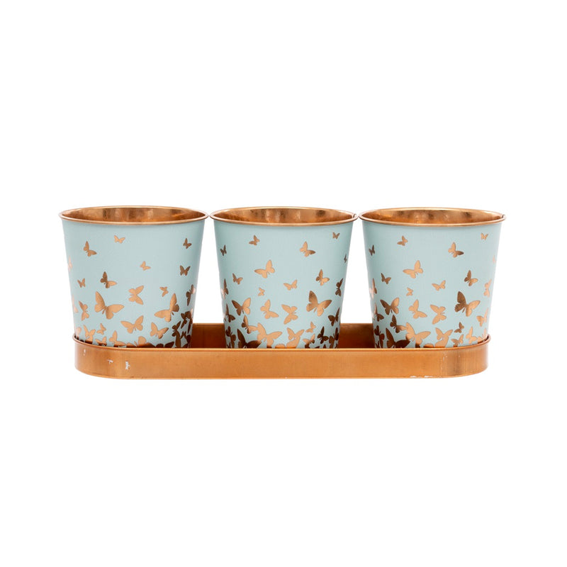 Bronze Butterfly Set of 3 Herb Pots with Tray three duck-egg blue metal pots with bronze-tone butterfly silhouettes rising from the base and bronze-tone rims sitting on a matching bronze-tone oval tray on white background