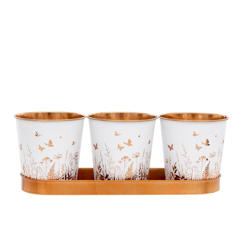 Bronze Meadow Set of 3 Herb Pots with Tray three white metal herb pots with bronze-tone meadow silhouette design of wildflower stems grasses ferns and butterflies in flight with bronze-tone rims sitting on a matching bronze-tone oval tray on white backgroundnd