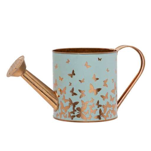 Bronze coloured Butterfly Watering Can duck-egg metal watering can with bronze butterfly silhouettes rising from the base bronze spout and handle on white background