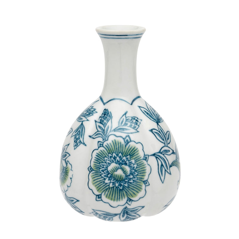 Lotus Peony Bud Vase, tall pear-shaped white ceramic vase with long slender neck, chinoiserie-style peony blooms and trailing foliage in sage and blue, on white background