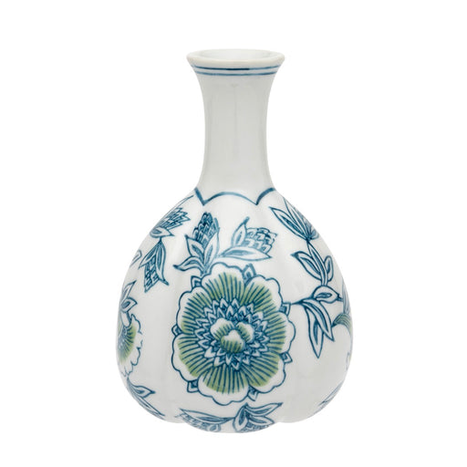 Lotus Peony Bud Vase, tall pear-shaped white ceramic vase with long slender neck, chinoiserie-style peony blooms and trailing foliage in sage and blue, on white background