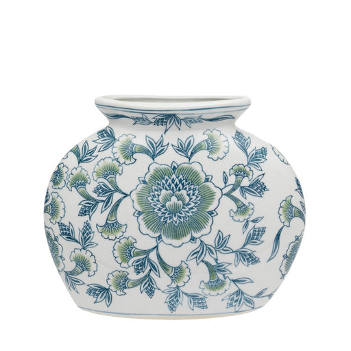 Lotus Peony Ceramic Vase, wide rounded white ceramic vase with chinoiserie-style peony blooms, floral clusters and trailing foliage in sage and blue, on white background