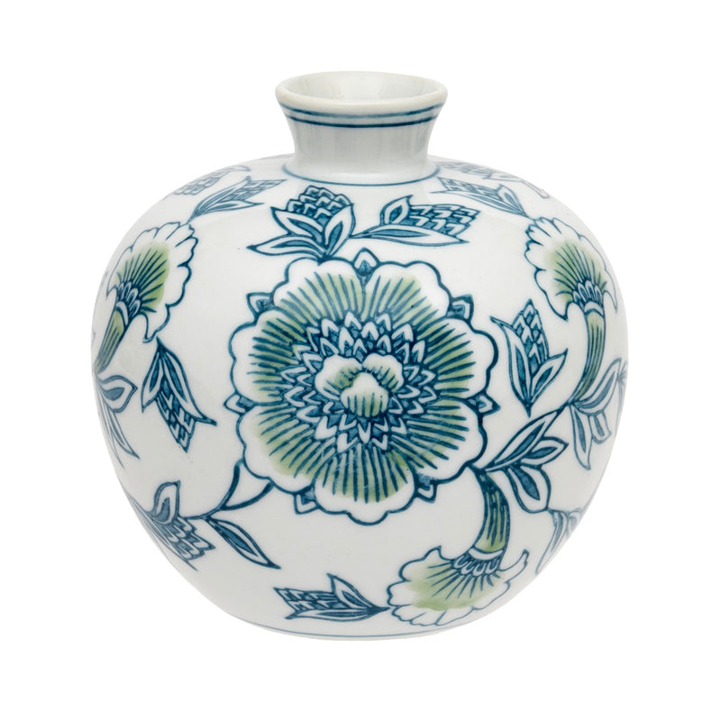 Lotus Peony Round Bud Vase, compact round white ceramic vase with chinoiserie-style peony blooms and trailing foliage in sage and blue, narrow neck, on white background