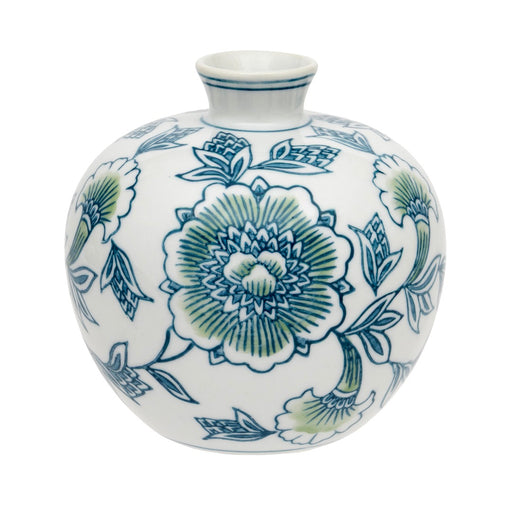 Lotus Peony Round Bud Vase, compact round white ceramic vase with chinoiserie-style peony blooms and trailing foliage in sage and blue, narrow neck, on white background