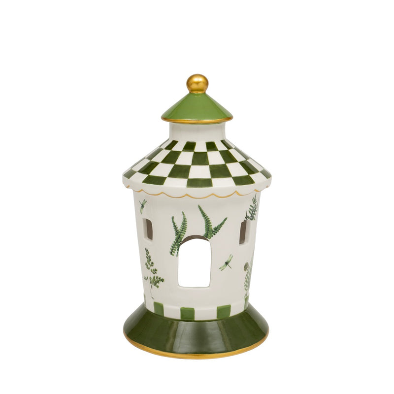 Birdhouse Check Ceramic Lantern, white ceramic birdhouse-shaped lantern with botanical fern and dragonfly design, green and white checkerboard conical roof with scalloped gold trim, gold ball finial, arched doorway and rectangular window cutouts, green flared foot with gold trim, on white background