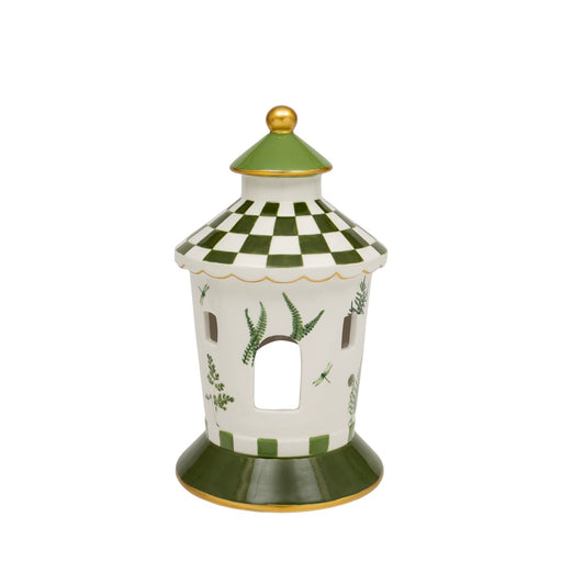 Birdhouse Check Ceramic Lantern, white ceramic birdhouse-shaped lantern with botanical fern and dragonfly design, green and white checkerboard conical roof with scalloped gold trim, gold ball finial, arched doorway and rectangular window cutouts, green flared foot with gold trim, on white background