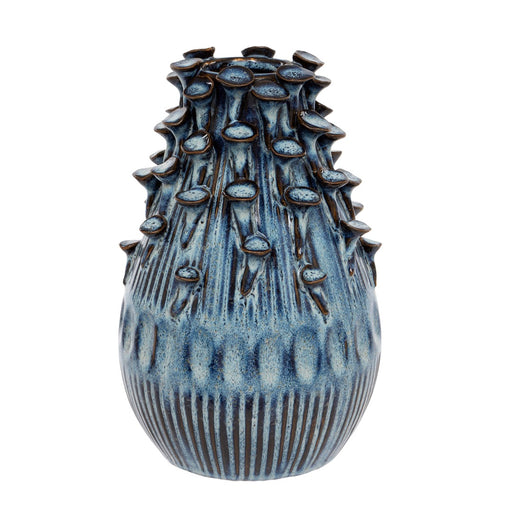 Corallina ceramic vase with coral-inspired surface texture and deep navy reactive glaze, 23cm tall