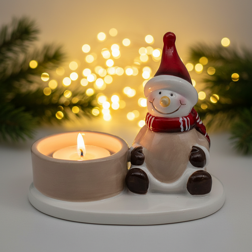 Snowman Christmas tealight holder with red hat and striped scarf, lit tealight glowing warmly, against soft golden bokeh fairy lights