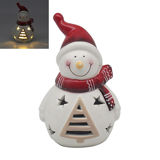 Light-up snowman Christmas ornament with red hat and scarf and cut-out Christmas tree and star design, shown with LED light on and off