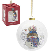 Snowman Christmas tree bauble featuring a cheerful snowman in a fluffy bobble hat and striped scarf with a robin on a branch in a snowy scene, Bug Art design, gold hanging loop, arrives in a gift box