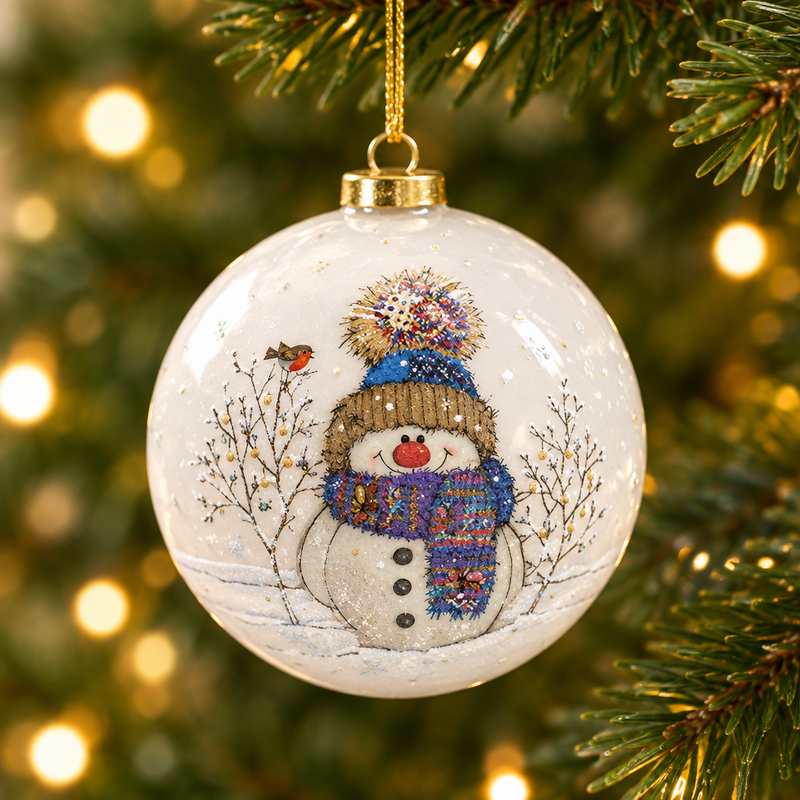 Snowman Christmas tree bauble featuring a cheerful snowman in a fluffy bobble hat and striped scarf with a robin on a branch in a snowy scene, Bug Art design, hanging on a Christmas tree