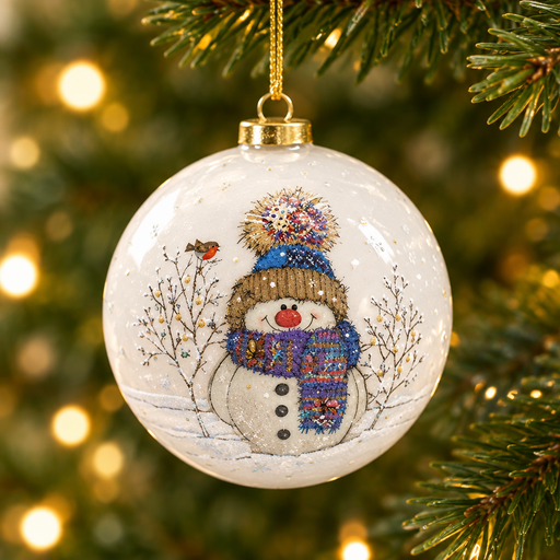 Snowman Christmas tree bauble featuring a cheerful snowman in a fluffy bobble hat and striped scarf with a robin on a branch in a snowy scene, Bug Art design, hanging on a Christmas tree