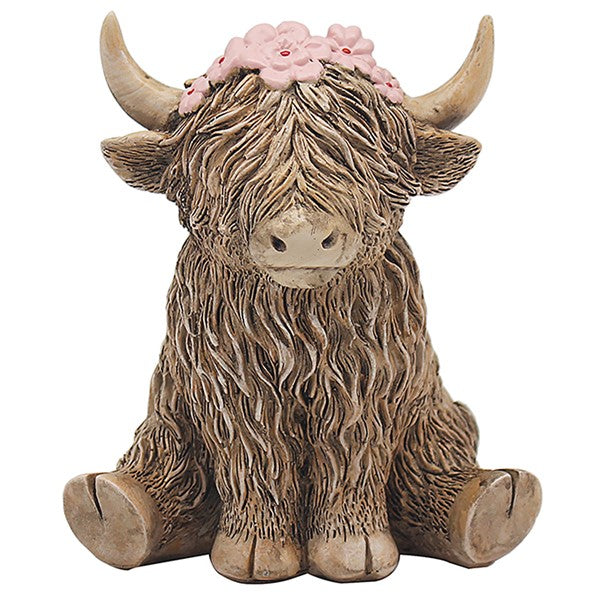 Leonardo Happy Highland Cow ceramic figurine wearing a flower bonnet — Happy Highland Cow collection