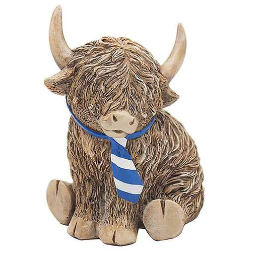 Ceramic Happy Highland Cow figurine wearing a striped tie, from the Leonardo Happy Highland Cow collection, presented in a gift box