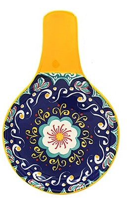 Tuscany Floral Ceramic Spoon Rest with yellow handle and mandala-inspired pattern