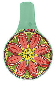 Tuscany Floral Ceramic Spoon Rest with green handle and mandala-inspired pattern