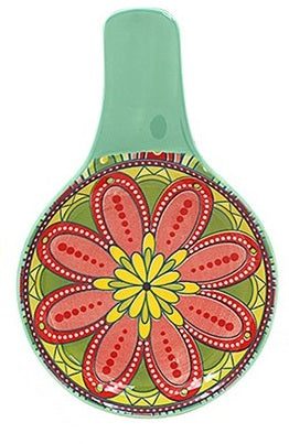 Tuscany Floral Ceramic Spoon Rest with green handle and mandala-inspired pattern