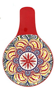 Tuscany Floral Ceramic Spoon Rest with red handle and mandala-inspired pattern