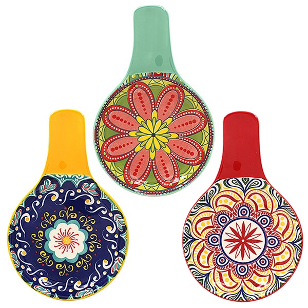 Tuscany Floral Ceramic Spoon Rest with mandala-inspired pattern — available with a yellow, green or red handle and complementary individual pattern