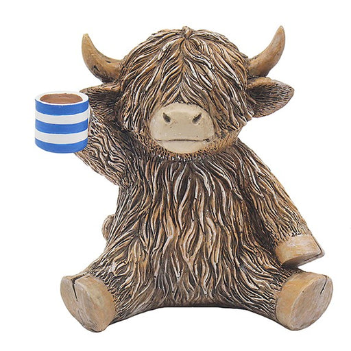 Leonardo Happy Highland Cow ceramic figurine enjoying a cup of tea, presented in a photo gift box