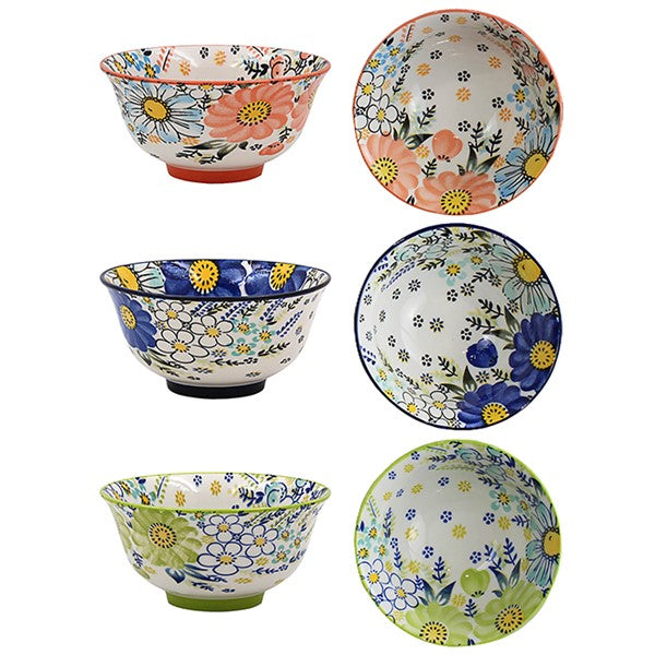 Tuscany Floral Ceramic Bowl with floral design inside and out — available in peach, blue or green