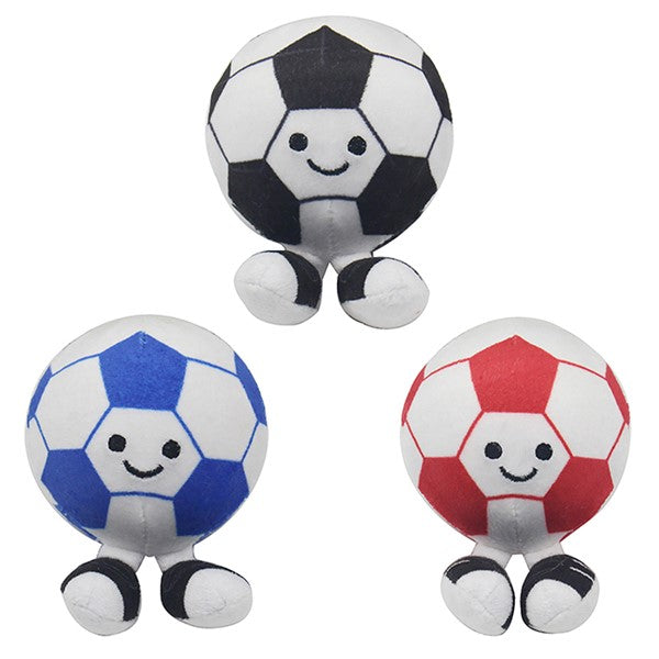 Smiley face bouncy ball football plush toys in black, blue and red, each with embroidered smile and little legs