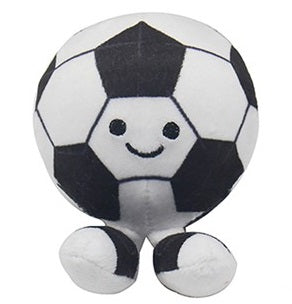 Smiley face bouncy ball football plush toy in black and white with embroidered smile and little legs