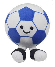 Smiley face bouncy ball football plush toy in blue and white with embroidered smile and little legs