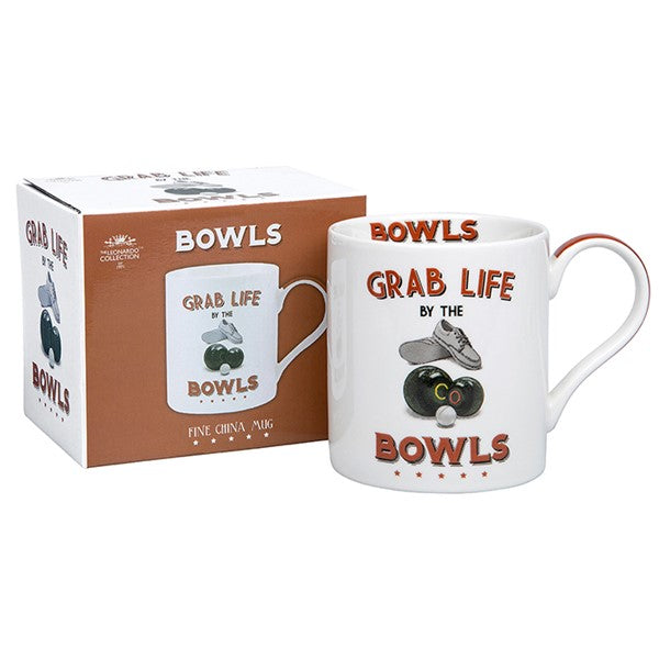 Cheeky Sport ceramic mug with "Grab Life by the Bowls" slogan and illustrated bowls and bowling shoes design, shown next to its photo gift box on a white background