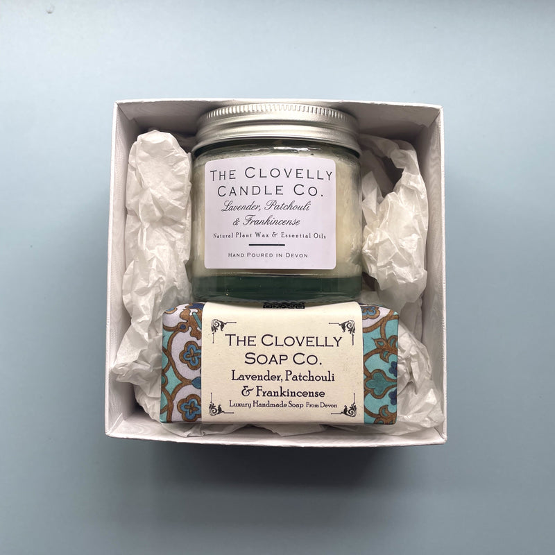 Handmade Clovelly Candle and Guest Soap Gift Set - Lavender, Frankincense & Patchouli