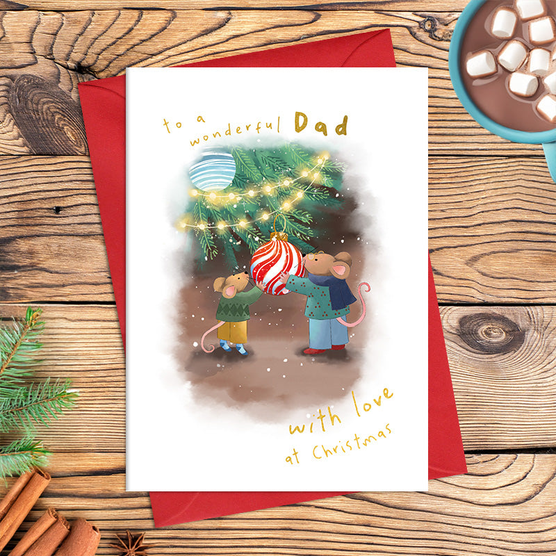 Wonderful Dad Christmas card featuring two illustrated mice hanging a striped bauble on a Christmas tree with fairy lights, with the message ‘With love at Christmas
