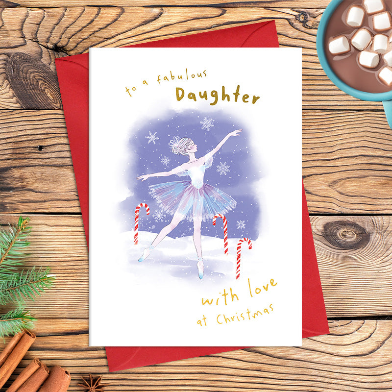 Fabulous Daughter Christmas card featuring an illustrated ballerina in a tutu among snowflakes and candy canes, with the message ‘With love at Christmas