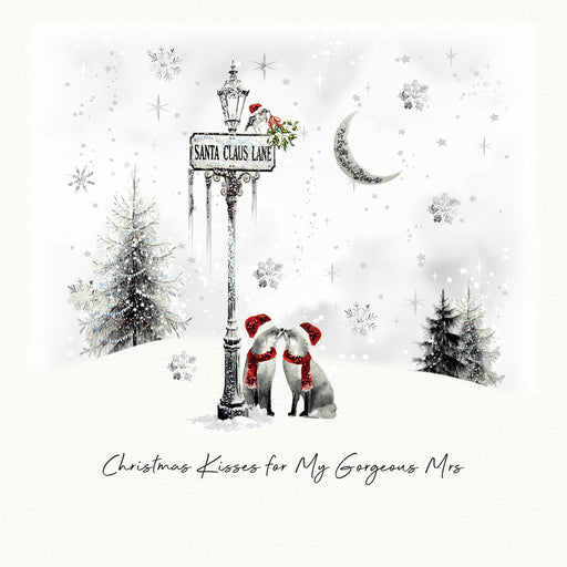 An illustrated Christmas card showing two festive characters in Santa hats and red scarves touching noses beneath a Santa Claus Lane street lamp, with a robin and mistletoe at the top, snow-dusted trees, a crescent moon and scattered snowflakes, with the sentiment "Christmas Kisses for My Gorgeous Mrs"