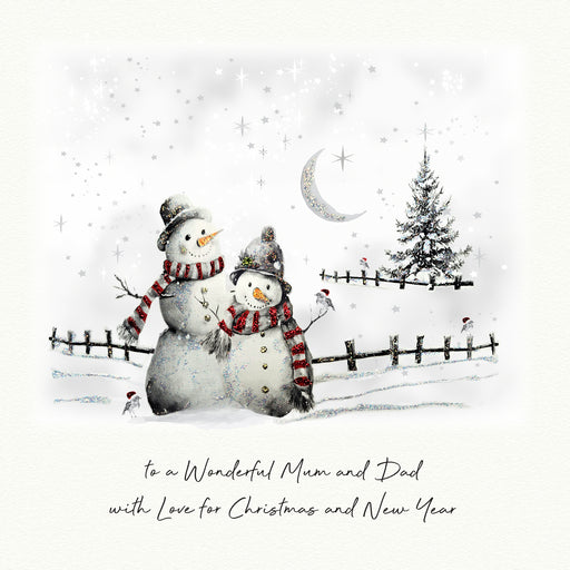 An illustrated Christmas card showing two snowmen in striped scarves with robins perching throughout a snowy winter scene and a snow-dusted Christmas tree in the background, with a glittering crescent moon and scattered stars, and the sentiment "to a Wonderful Mum and Dad with Love for Christmas and New Year"