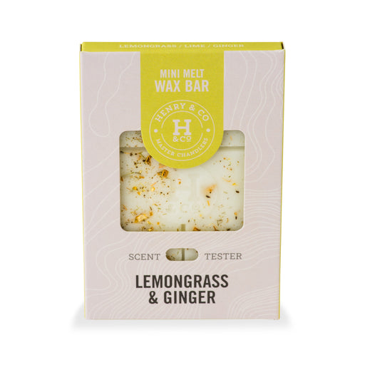 Henry & Co Mini Melt Wax Bar in Lemongrass and Ginger fragrance, shown in cream and yellow-green packaging with dried botanicals visible through the window