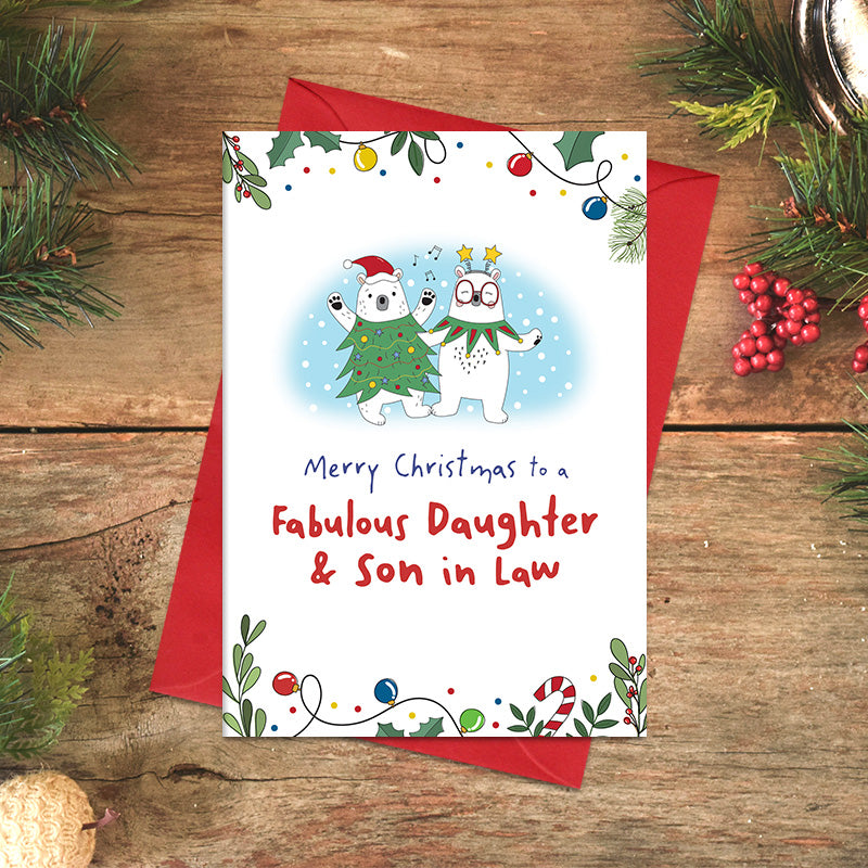 Fabulous Daughter and Son-in-Law Christmas card featuring two illustrated polar bears, one in a Christmas tree outfit and Santa hat, the other wearing star deely boppers.